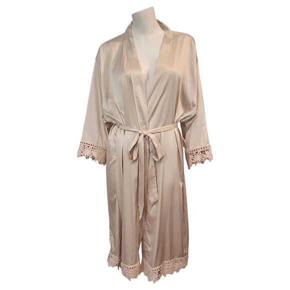 Maid of Honor Bridal Party Robe Silk Satin Lace Trim Spa Robe Plus Size 4XL Tan - Picture 3 of 10